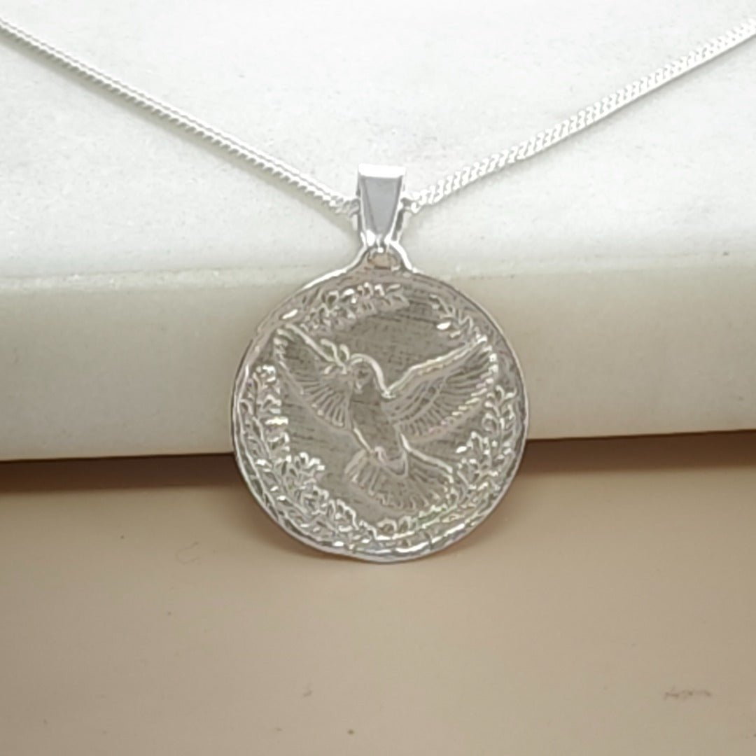Dove Engraved Sterling Silver Coin Necklace