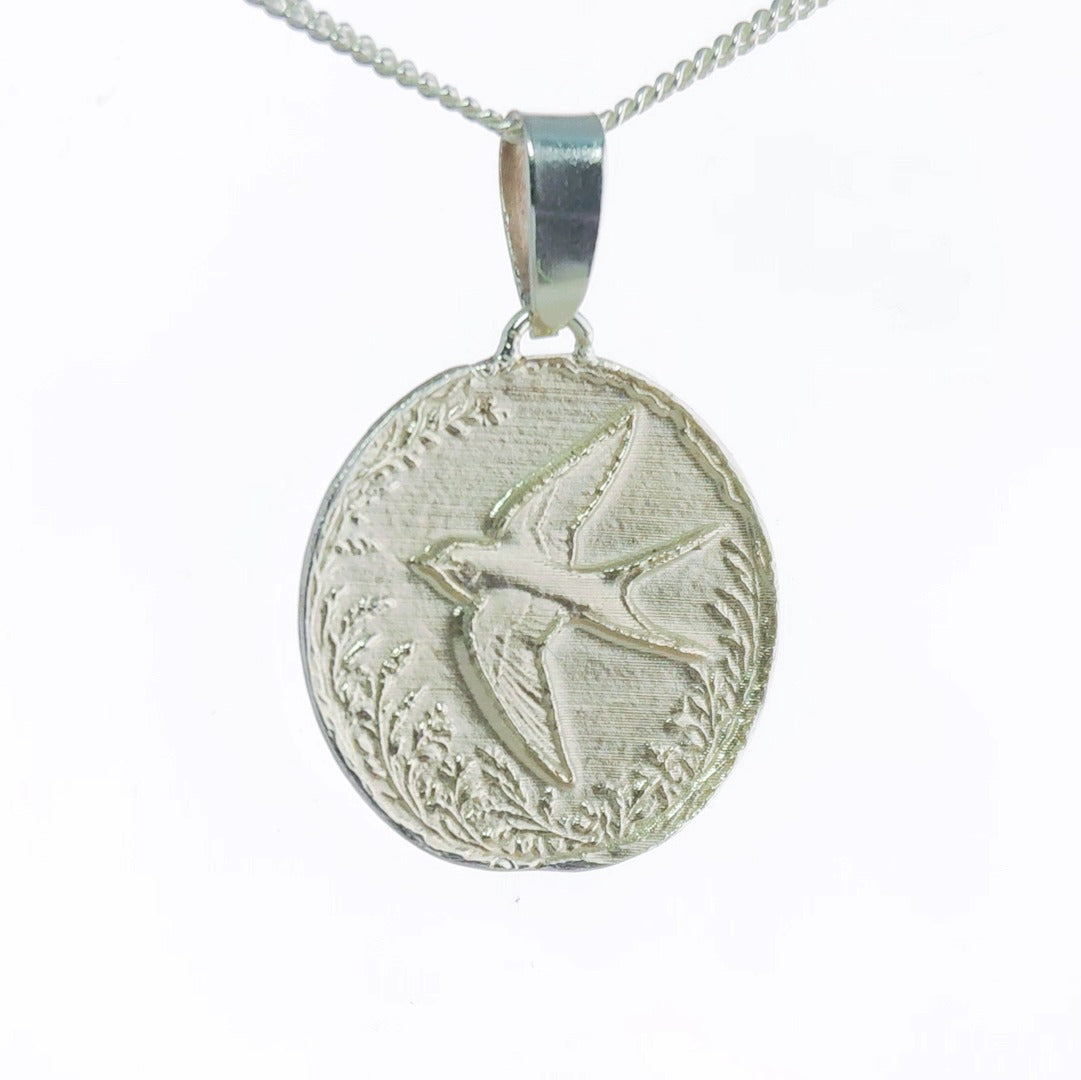 Swallow Engraved Sterling Silver Coin Necklace