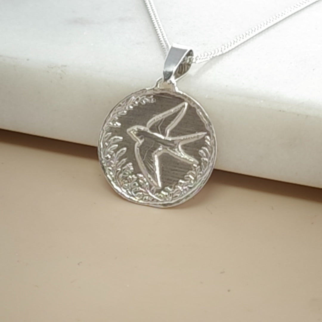 Swallow Engraved Sterling Silver Coin Necklace