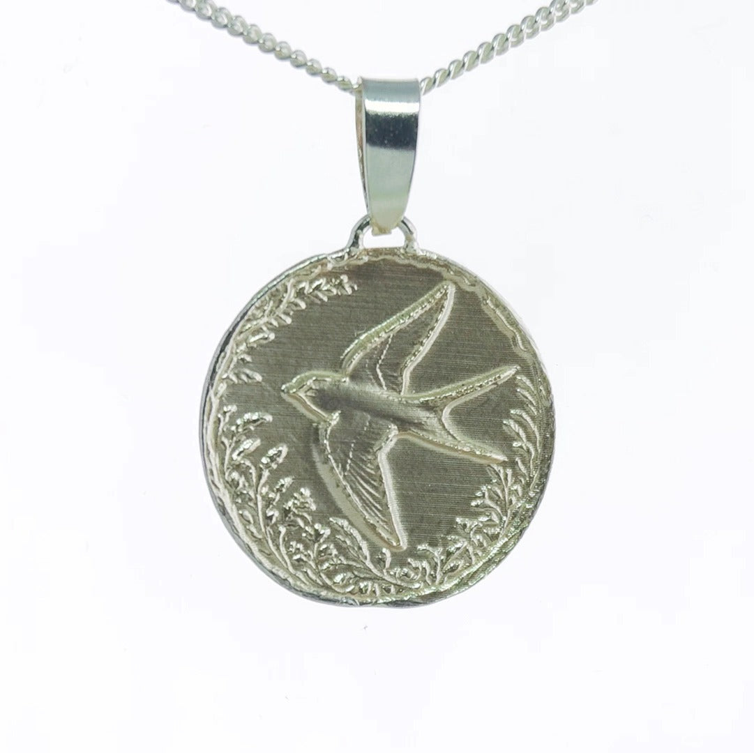 Swallow Engraved Sterling Silver Coin Necklace