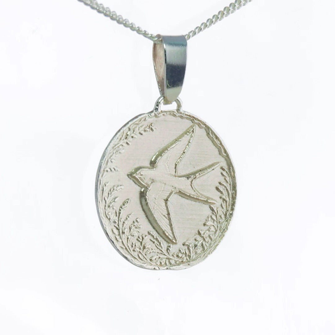 Swallow Engraved Sterling Silver Coin Necklace