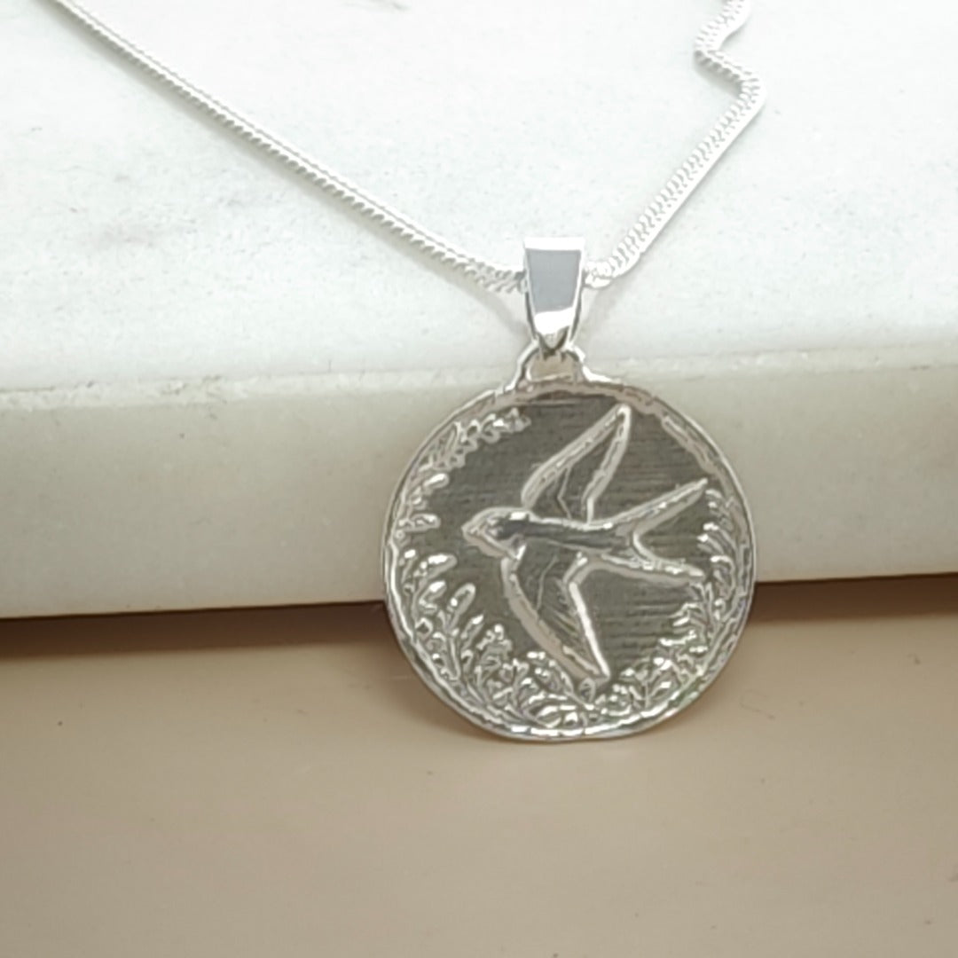 Swallow Engraved Sterling Silver Coin Necklace