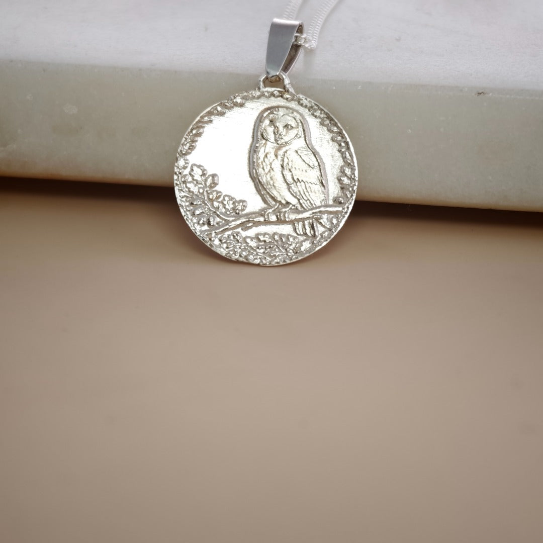 Owl Engraved Sterling Silver Coin Necklace