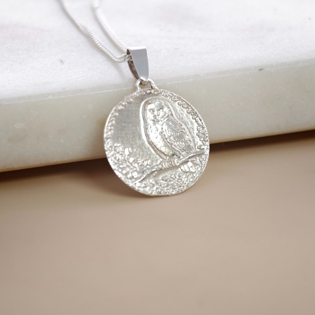 Owl Engraved Sterling Silver Coin Necklace