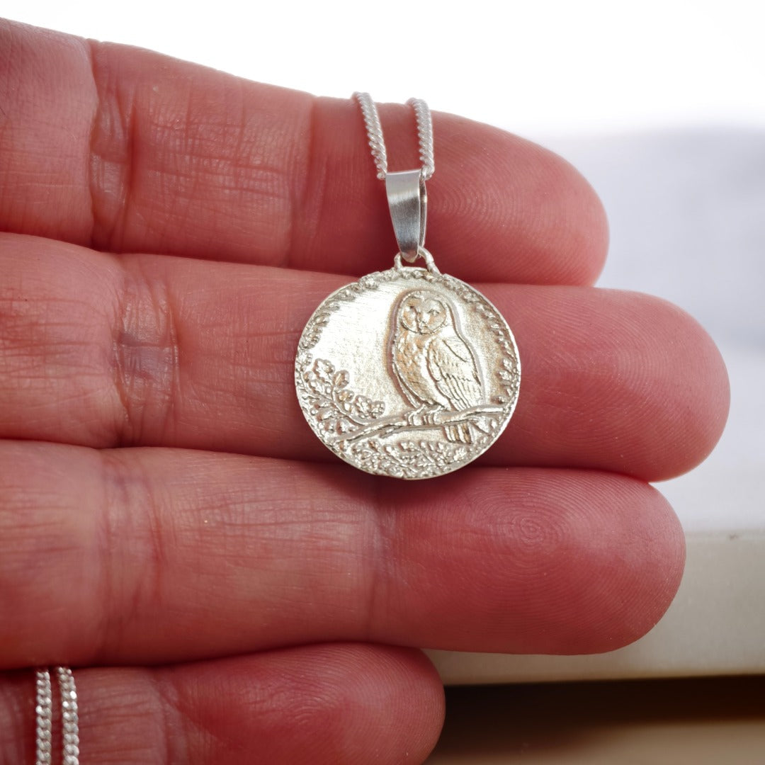 Owl Engraved Sterling Silver Coin Necklace