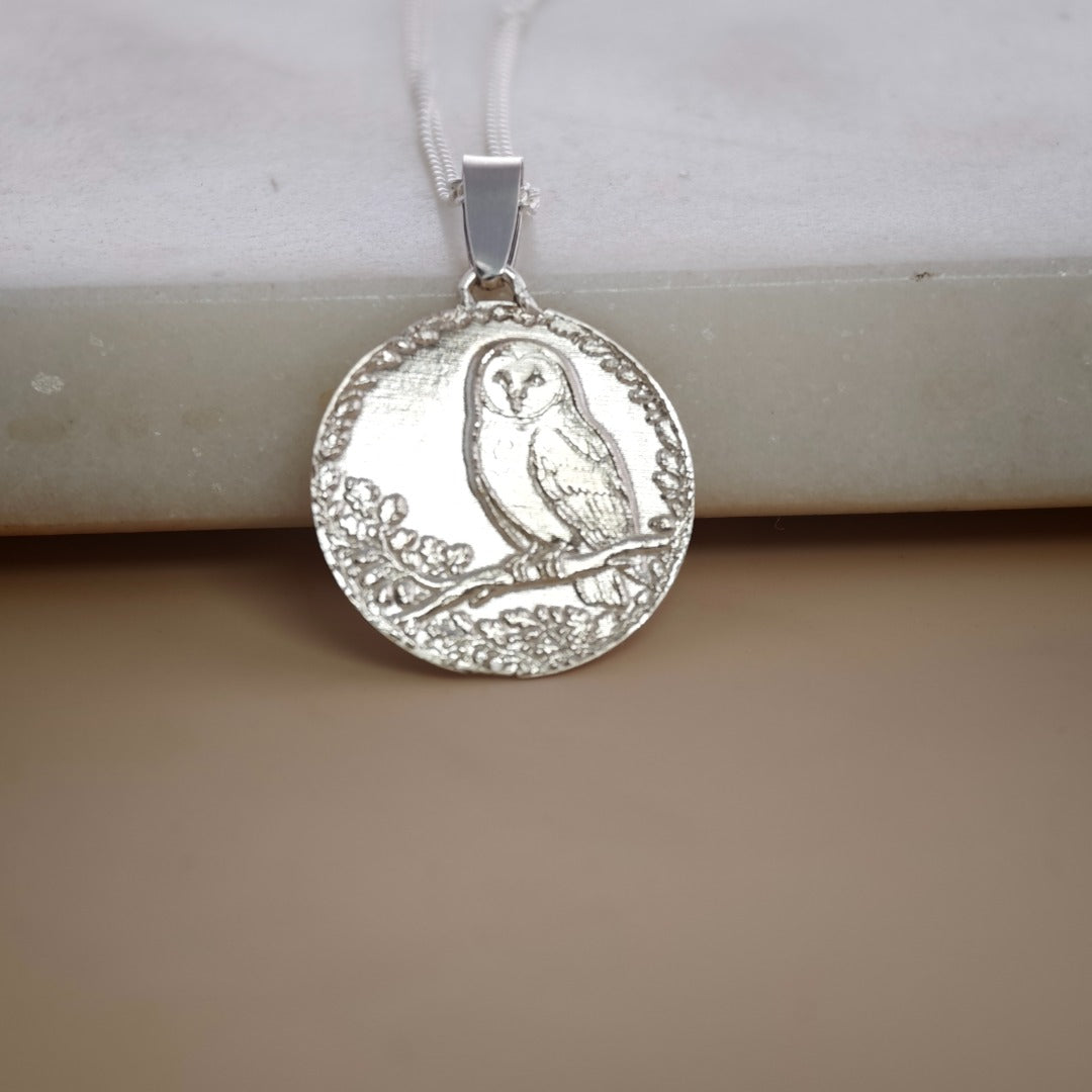 Owl Engraved Sterling Silver Coin Necklace