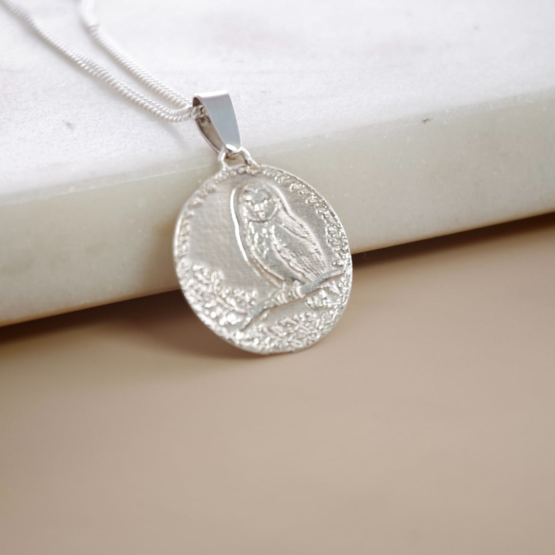Owl Engraved Sterling Silver Coin Necklace