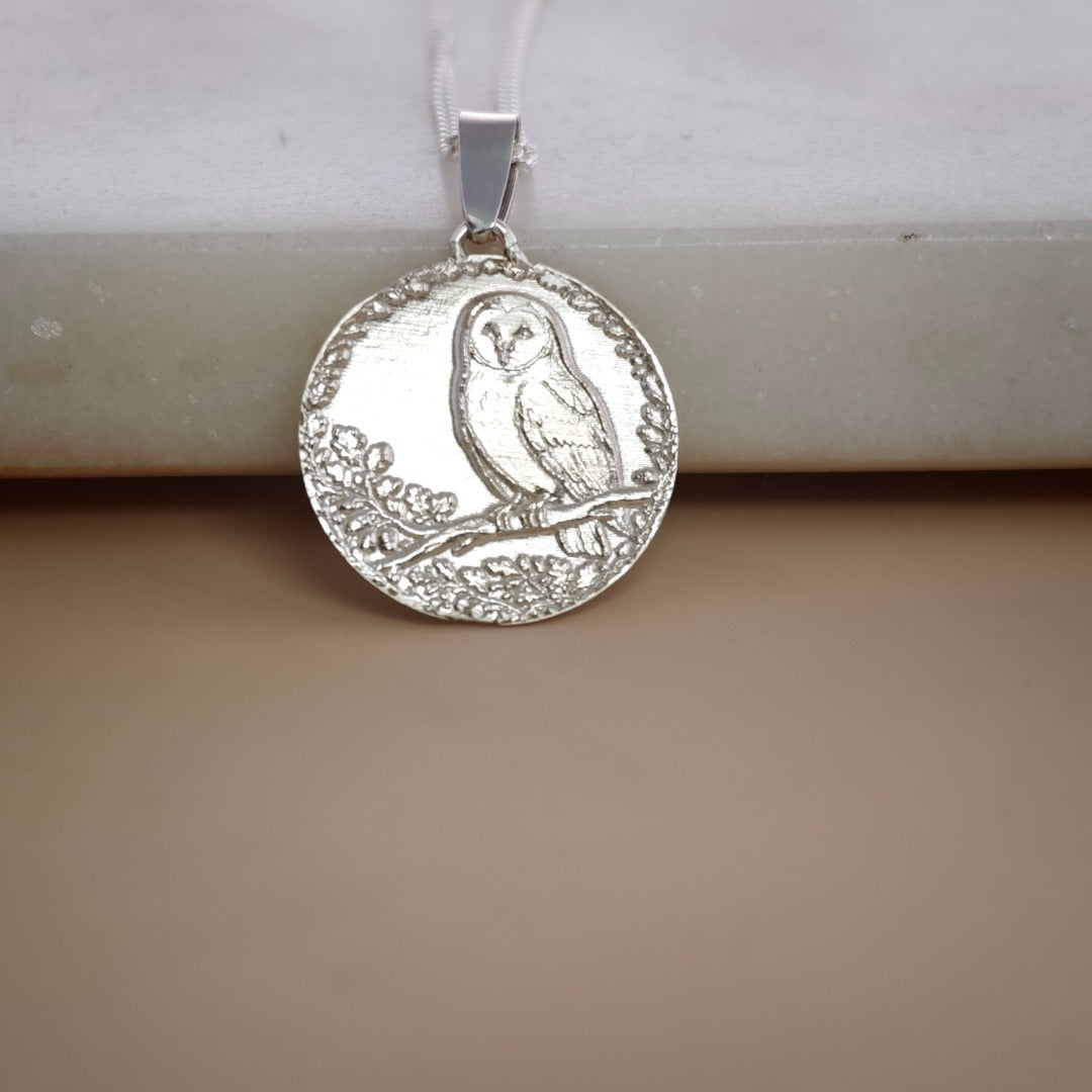 Owl Engraved Sterling Silver Coin Necklace