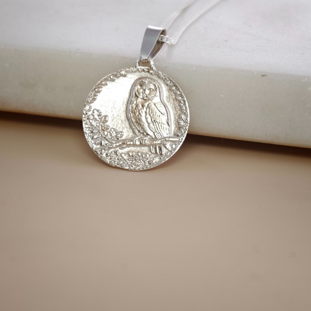 Owl Engraved Sterling Silver Coin Necklace