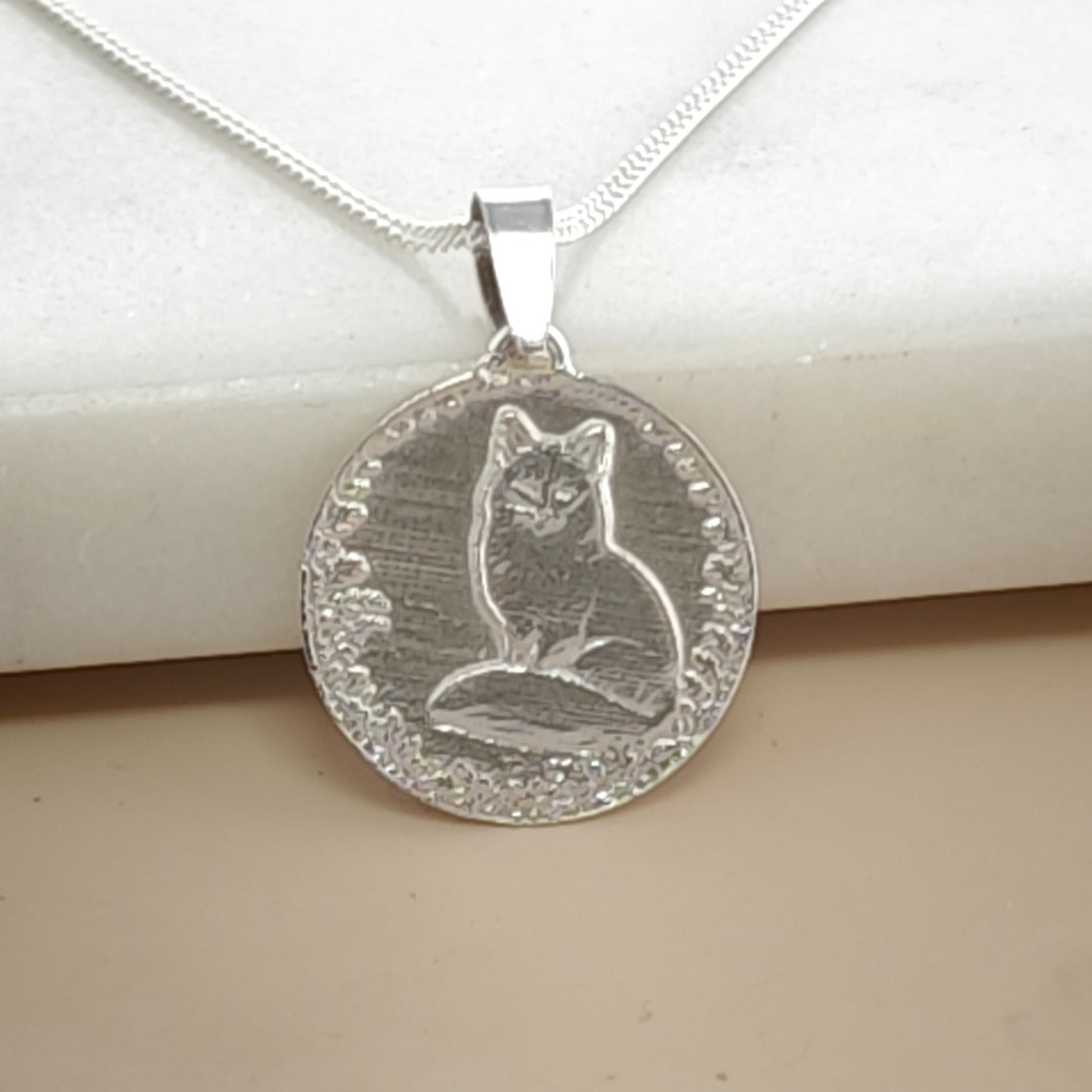 Fox Engraved Sterling Silver Coin Necklace