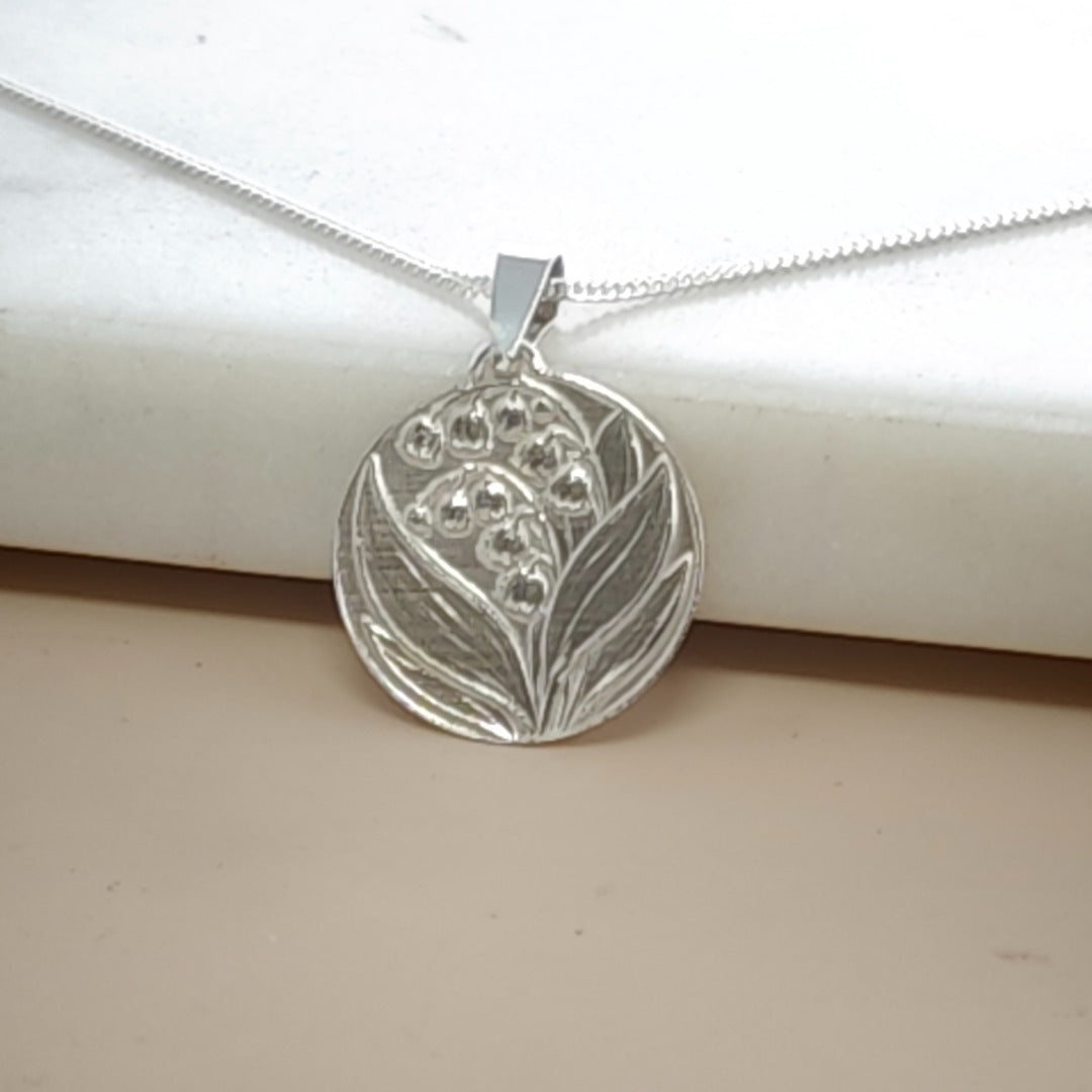 Lily of the Valley Engraved Sterling Silver Coin Necklace