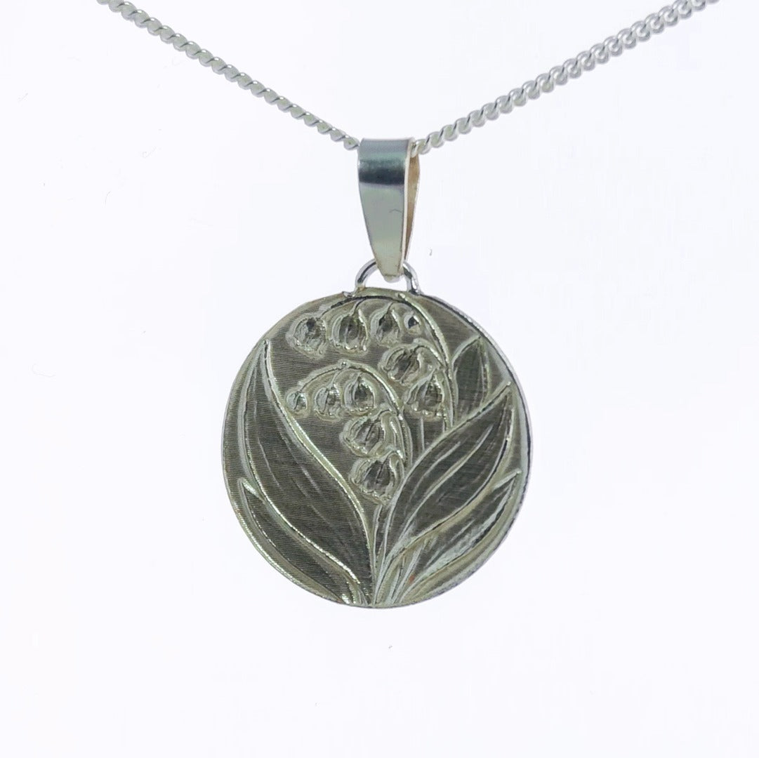 Lily of the Valley Engraved Sterling Silver Coin Necklace