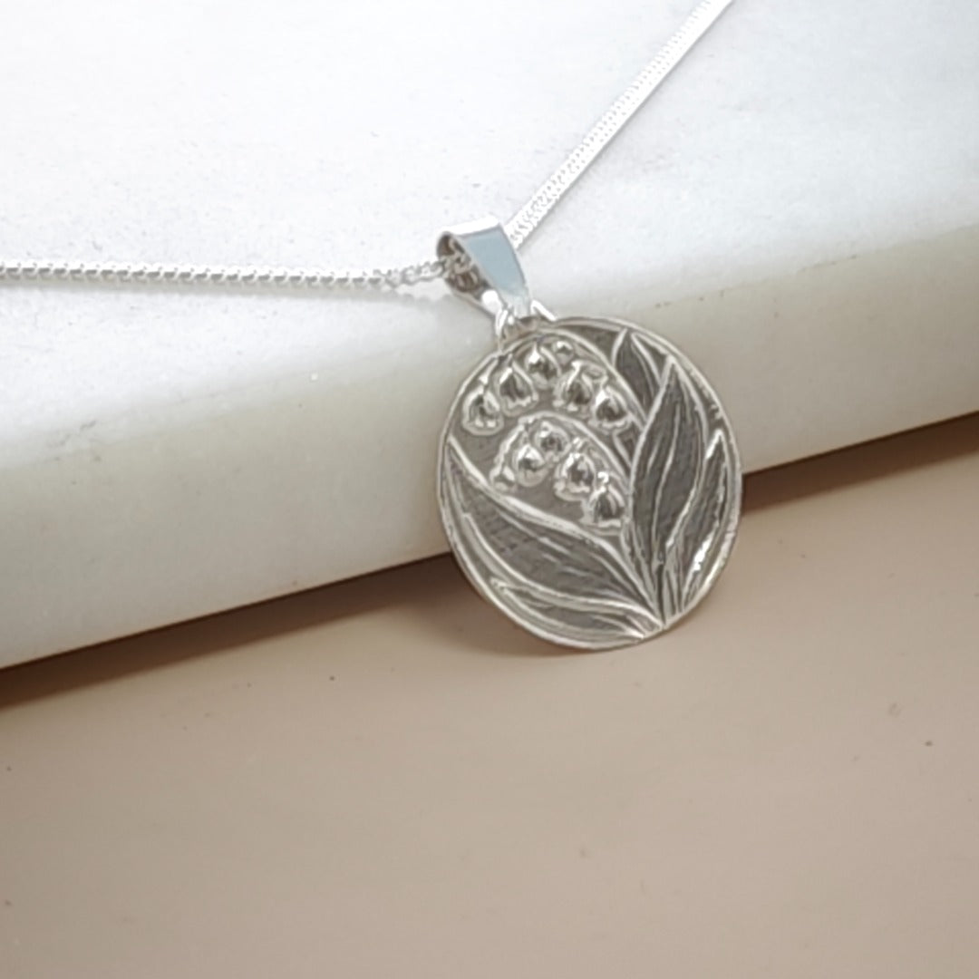 Lily of the Valley Engraved Sterling Silver Coin Necklace