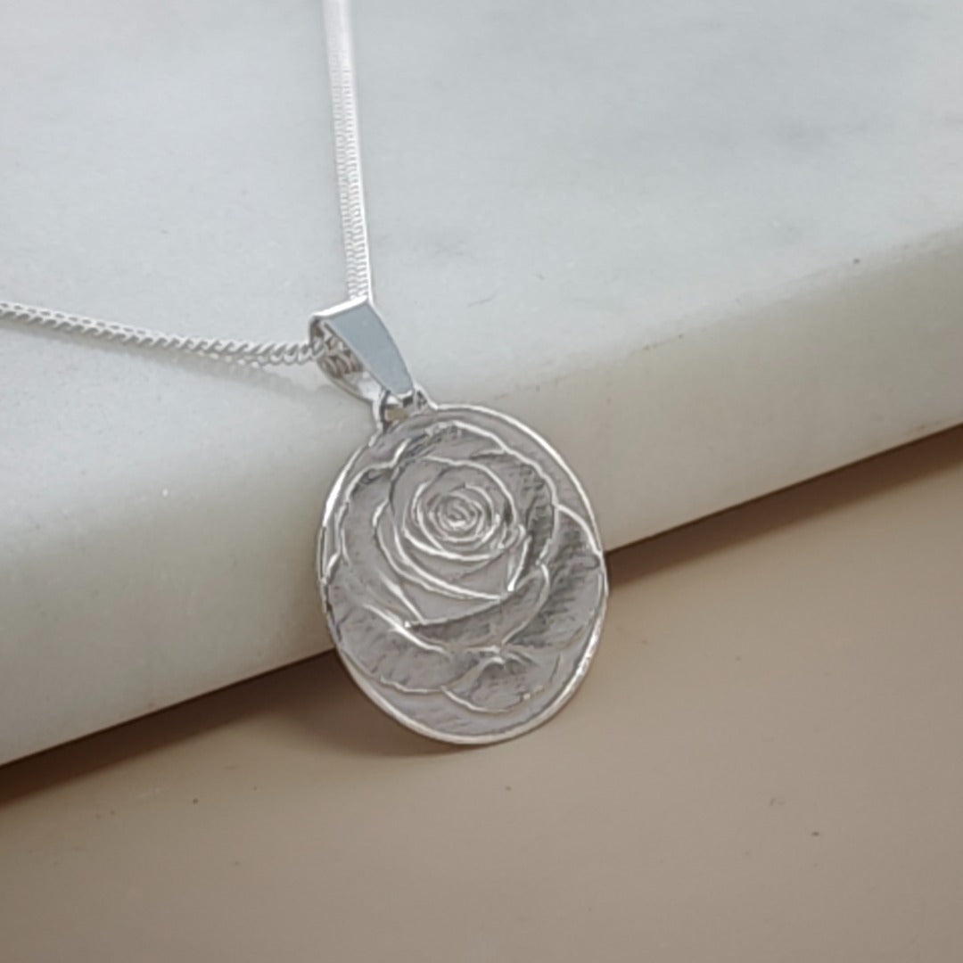 Rose Engraved Sterling Silver Coin Necklace