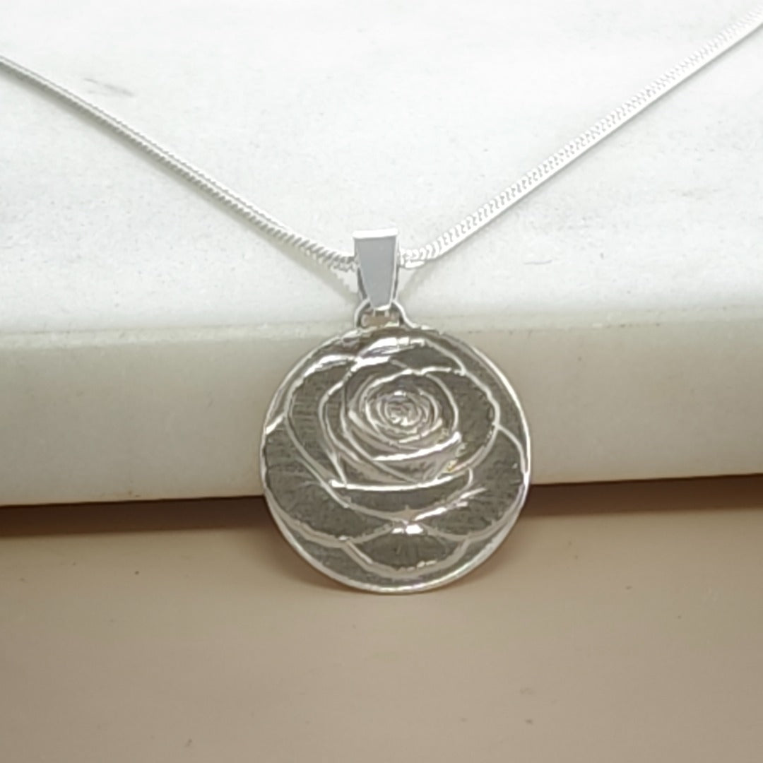 Rose Engraved Sterling Silver Coin Necklace