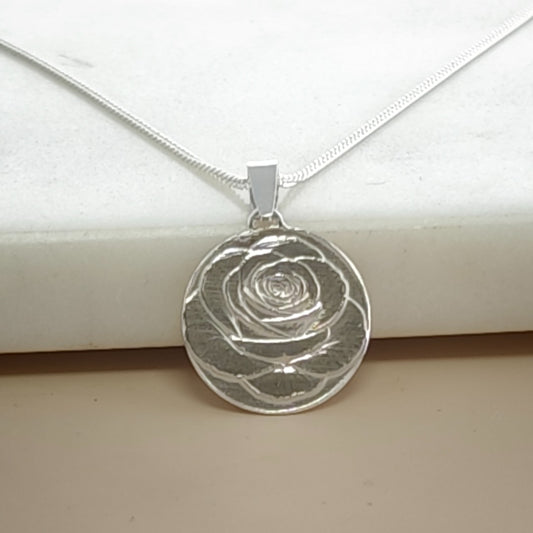 Rose Engraved Sterling Silver Coin Necklace