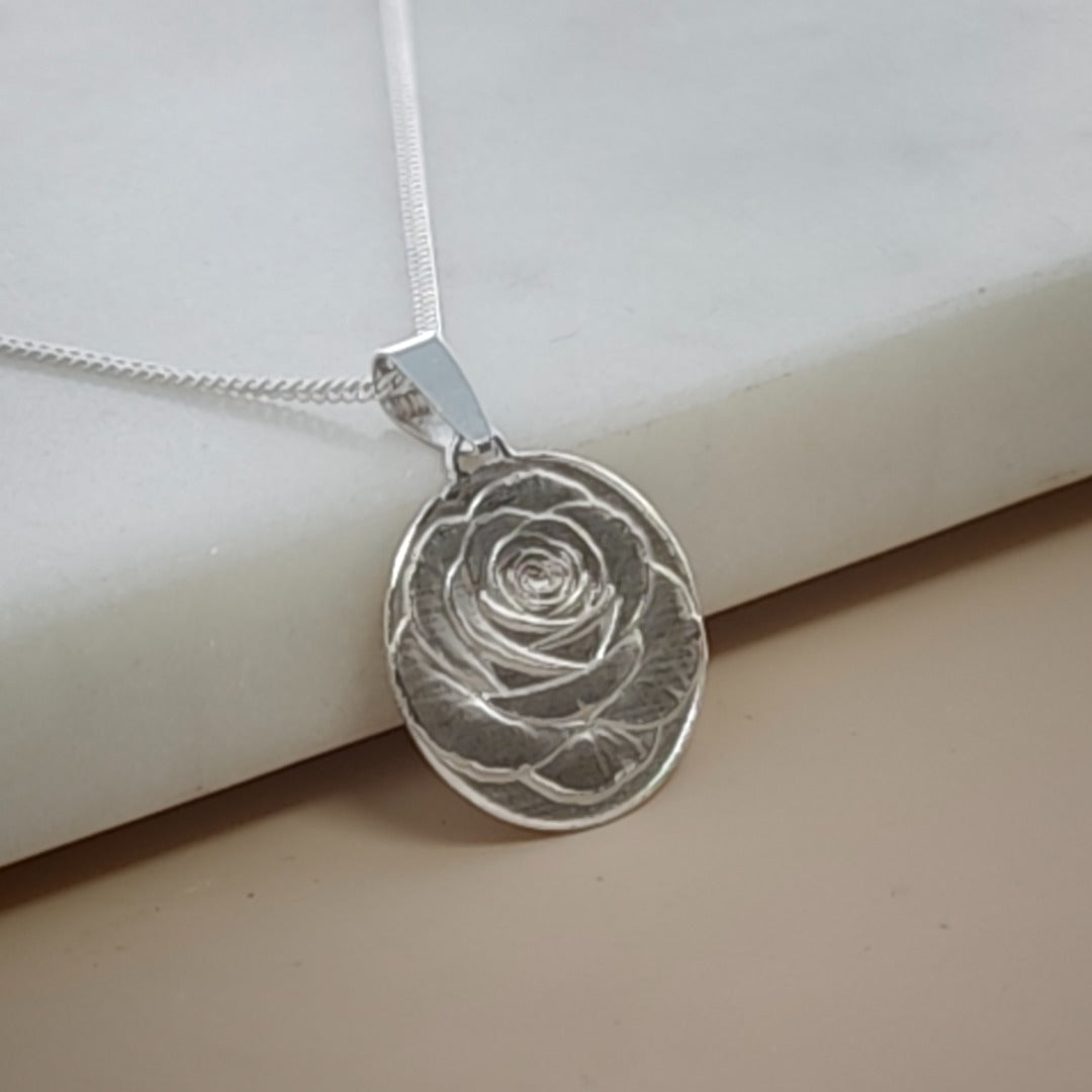 Rose Engraved Sterling Silver Coin Necklace