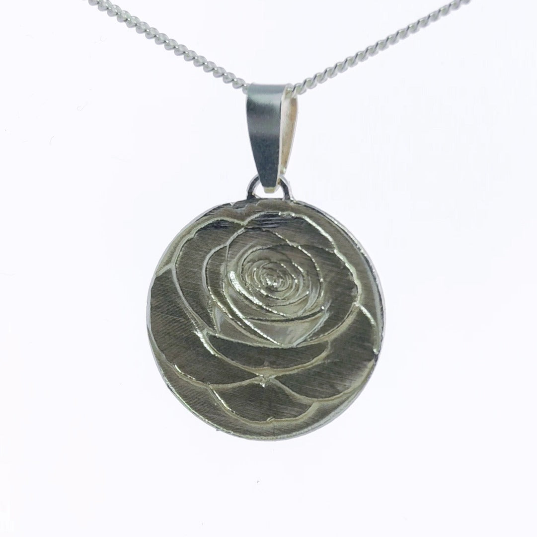 Rose Engraved Sterling Silver Coin Necklace