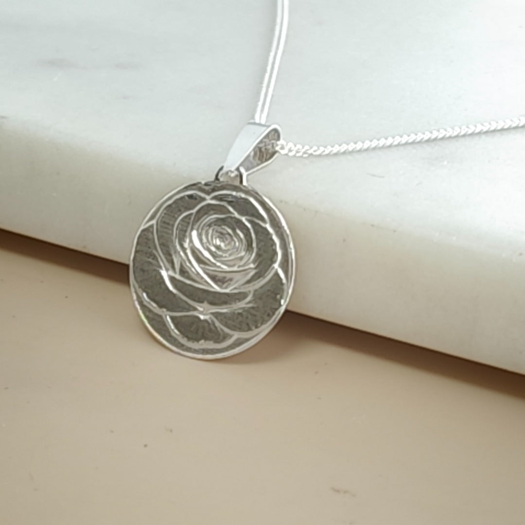 Rose Engraved Sterling Silver Coin Necklace