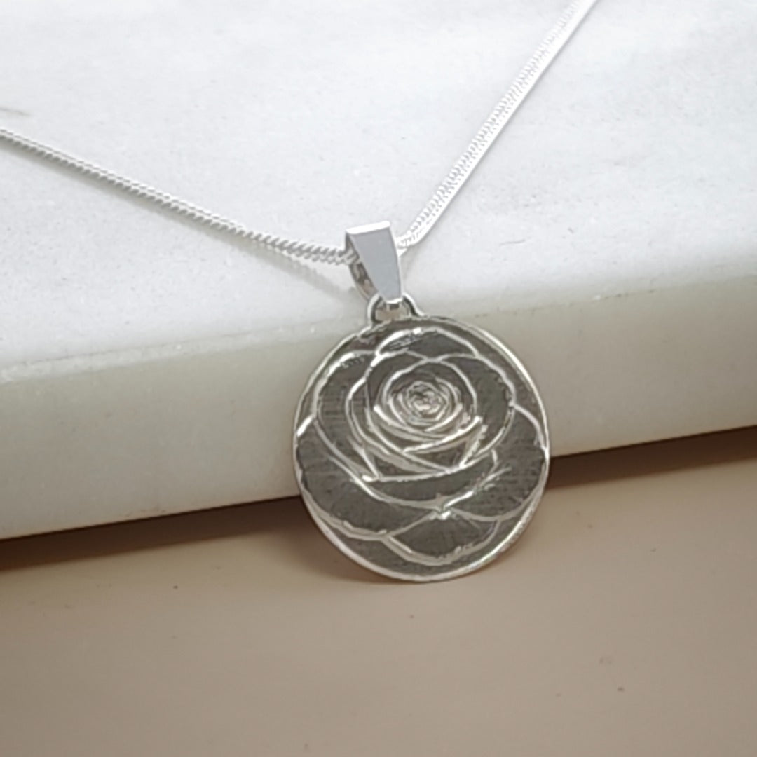 Rose Engraved Sterling Silver Coin Necklace