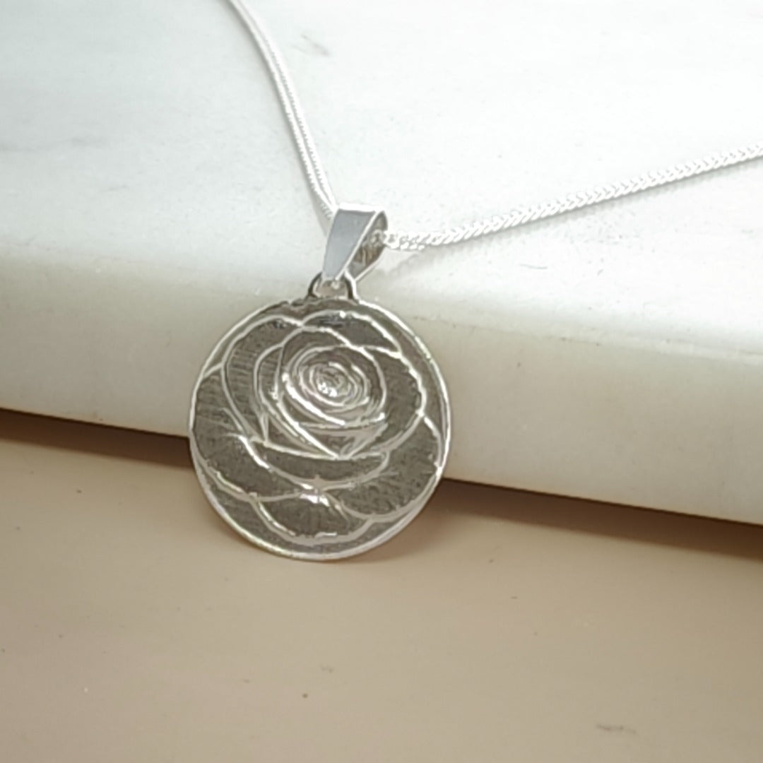 Rose Engraved Sterling Silver Coin Necklace