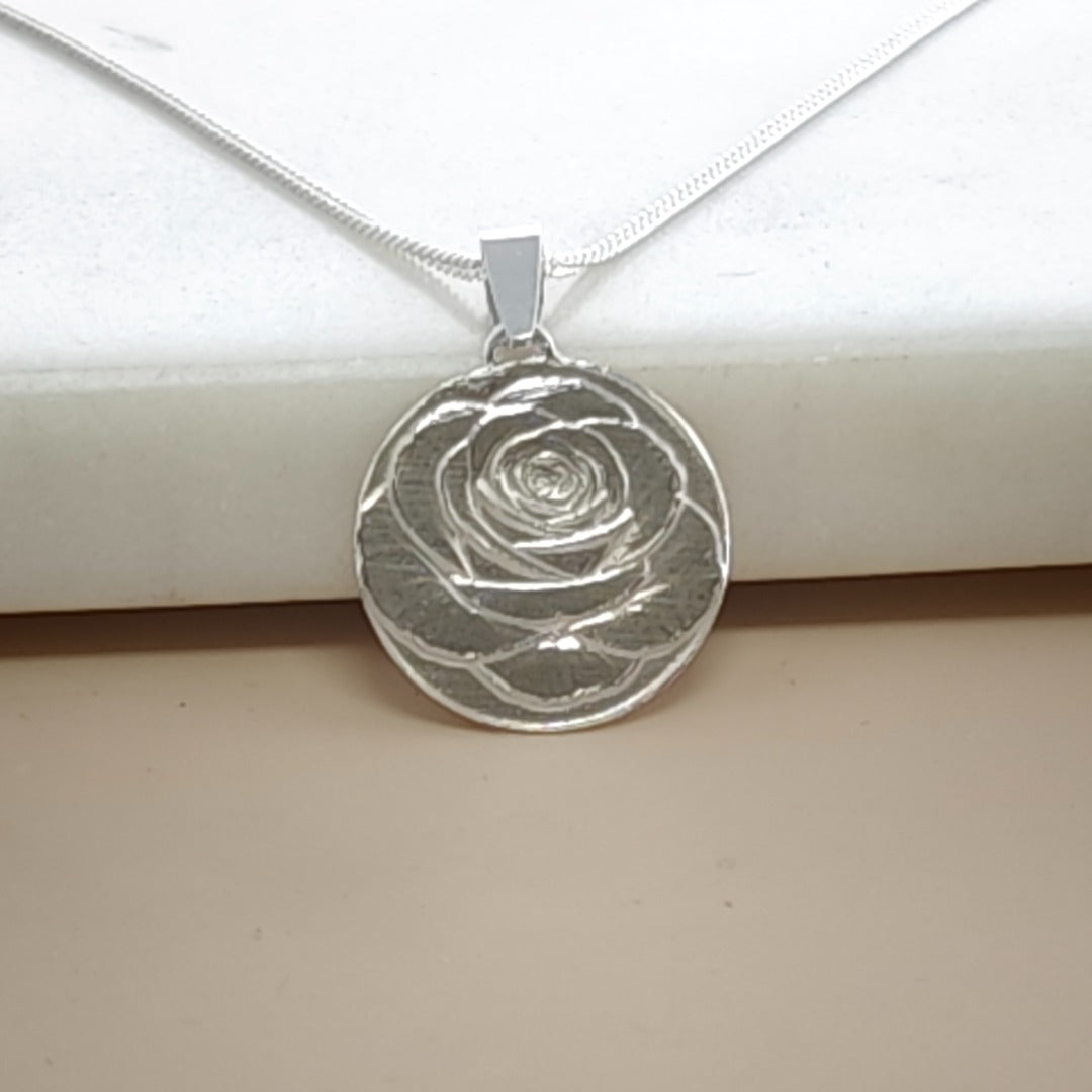 Rose Engraved Sterling Silver Coin Necklace