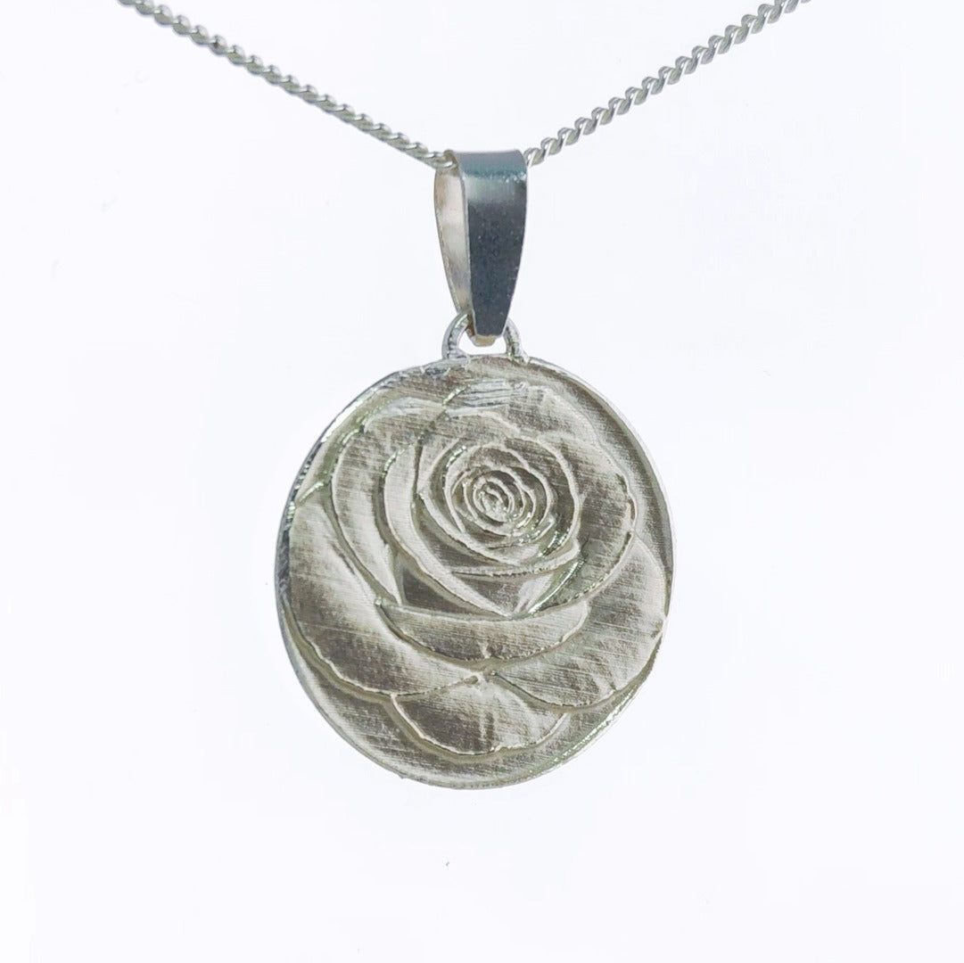 Rose Engraved Sterling Silver Coin Necklace