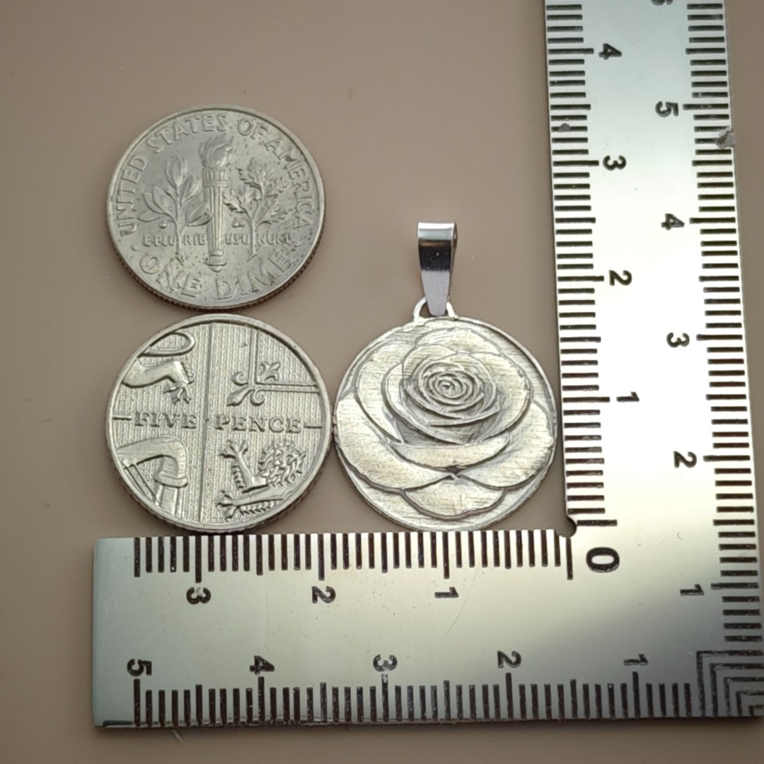 Rose Engraved Sterling Silver Coin Necklace