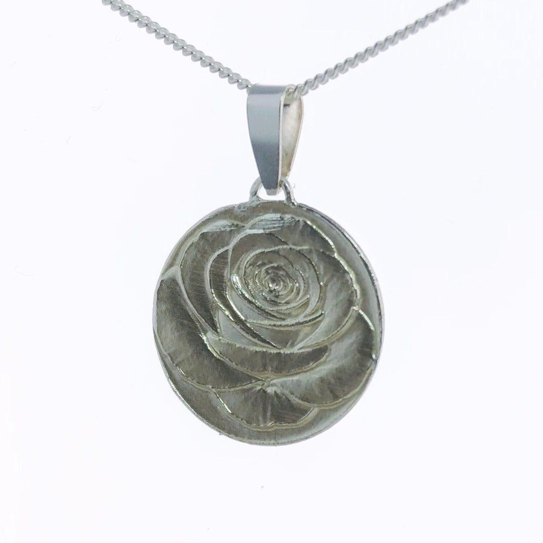 Rose Engraved Sterling Silver Coin Necklace