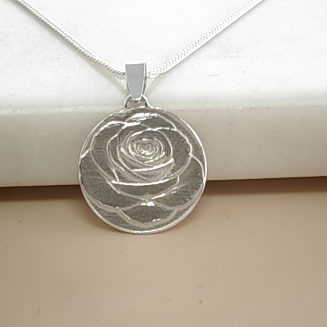 Rose Engraved Sterling Silver Coin Necklace