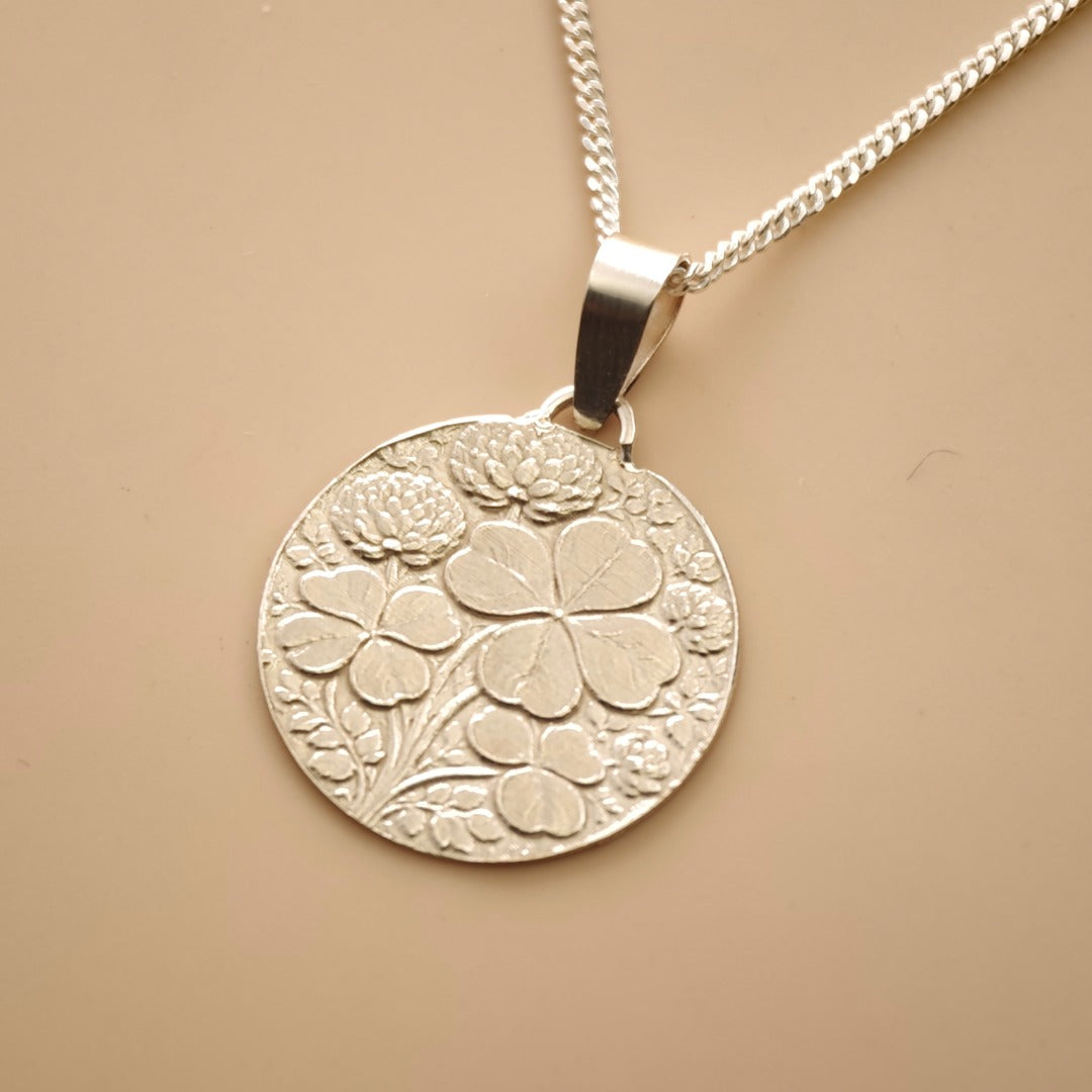 Clover Engraved Sterling Silver Coin Necklace