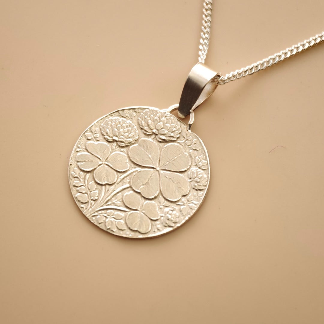 Clover Engraved Sterling Silver Coin Necklace