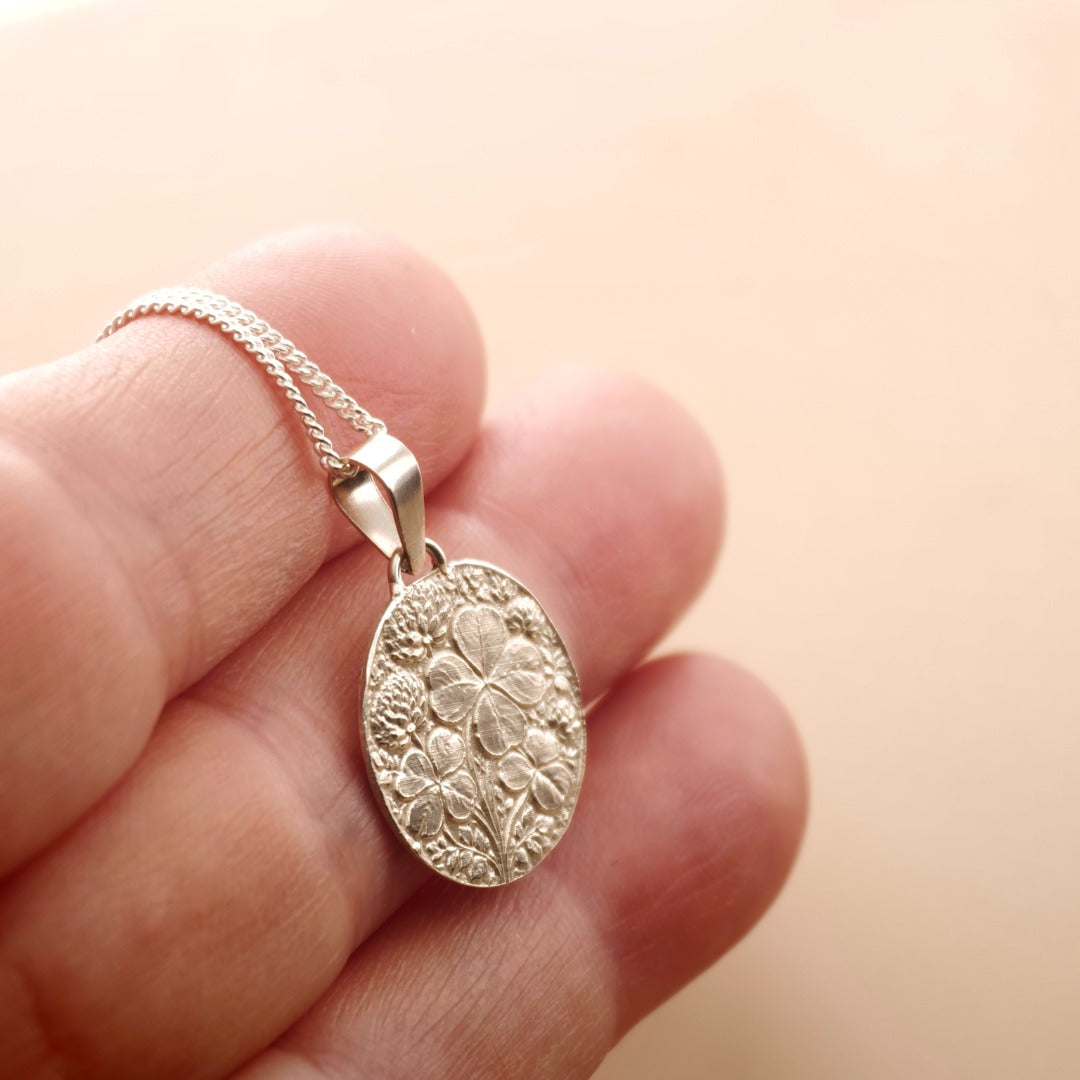 Clover Engraved Sterling Silver Coin Necklace