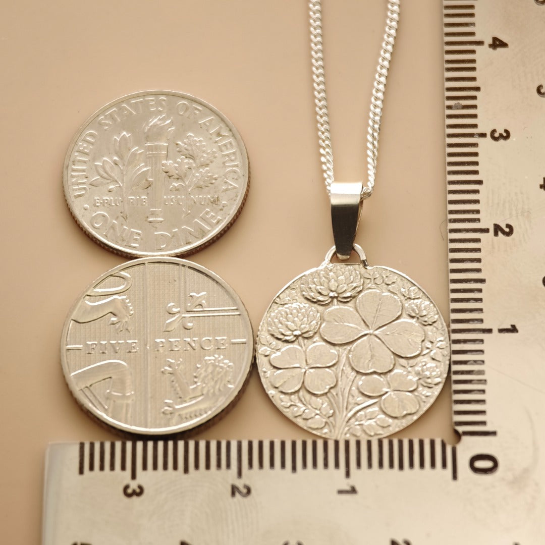 Clover Engraved Sterling Silver Coin Necklace