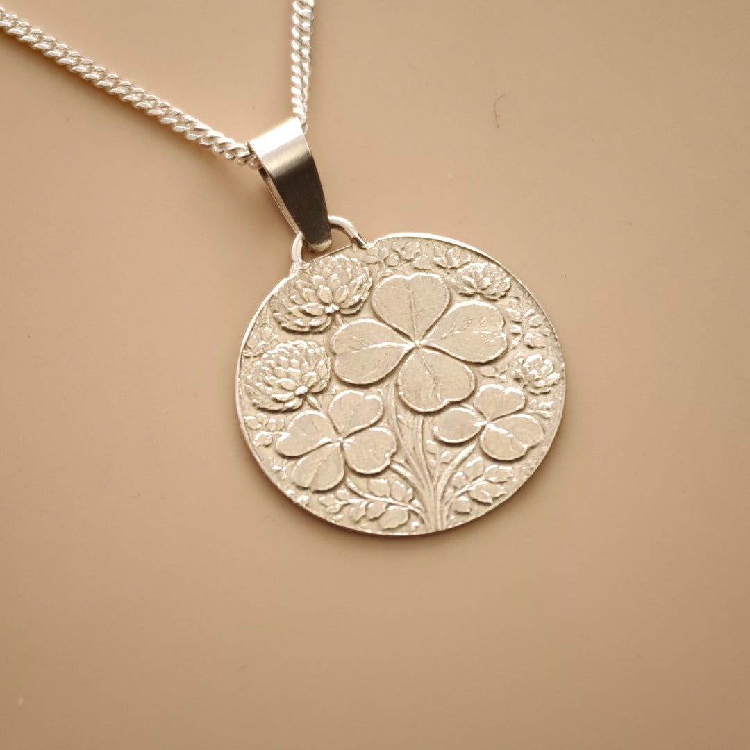 Clover Engraved Sterling Silver Coin Necklace