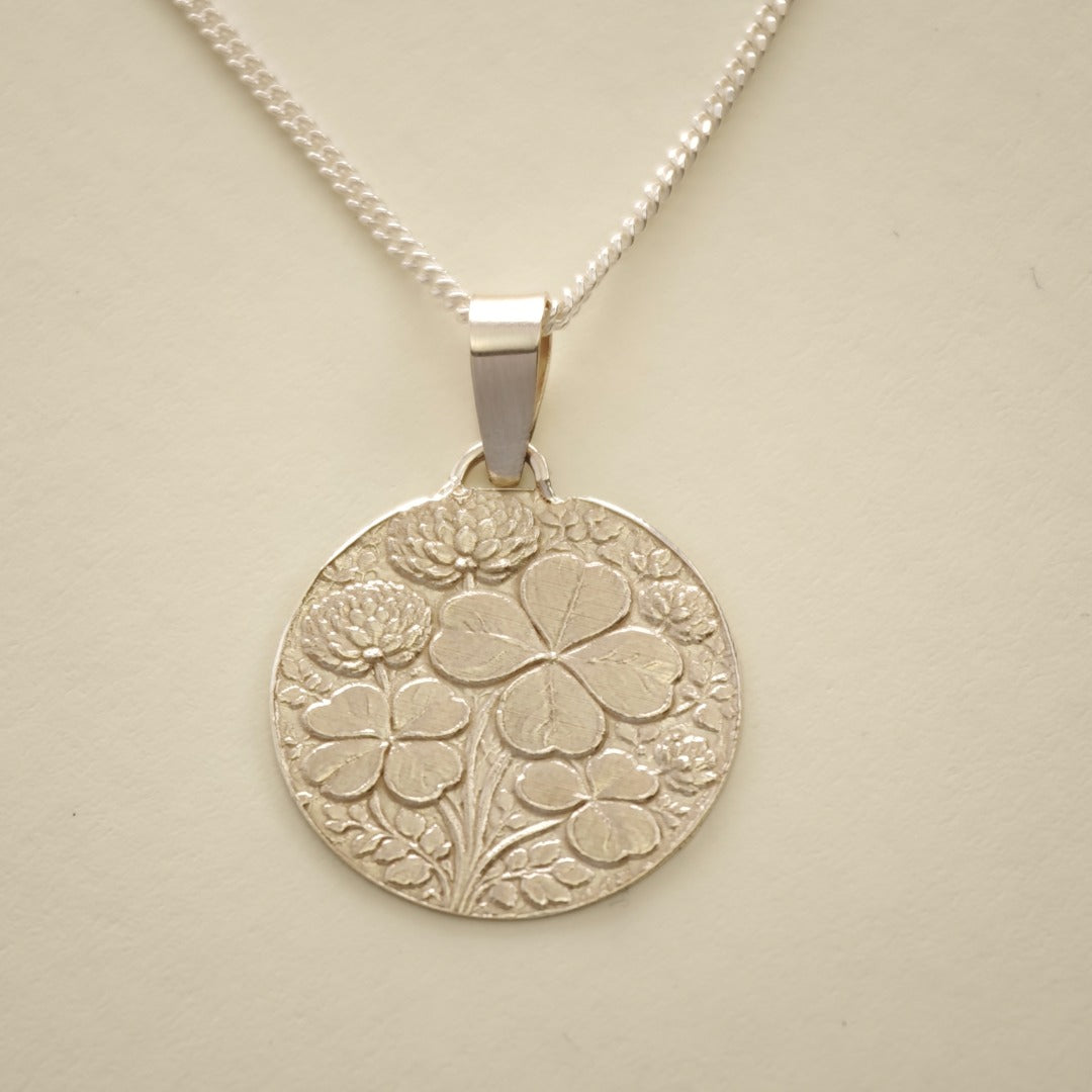 Clover Engraved Sterling Silver Coin Necklace