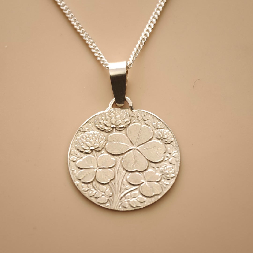 Clover Engraved Sterling Silver Coin Necklace