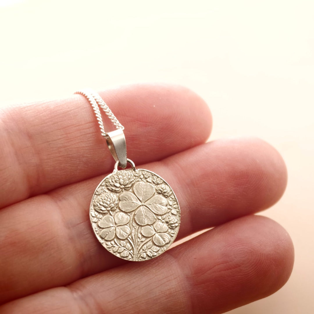 Clover Engraved Sterling Silver Coin Necklace
