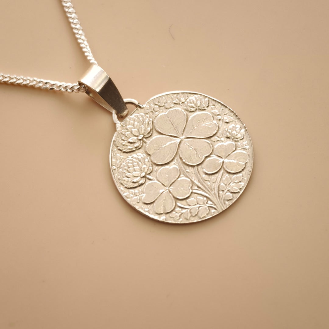 Clover Engraved Sterling Silver Coin Necklace