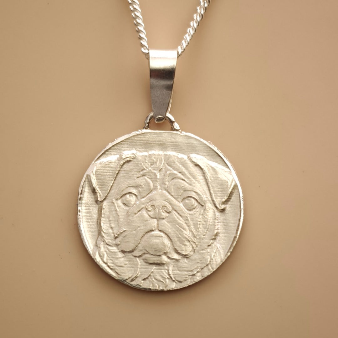 Pug Engraved Sterling Silver Coin Necklace