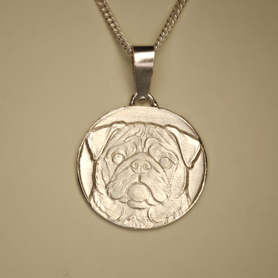 Pug Engraved Sterling Silver Coin Necklace