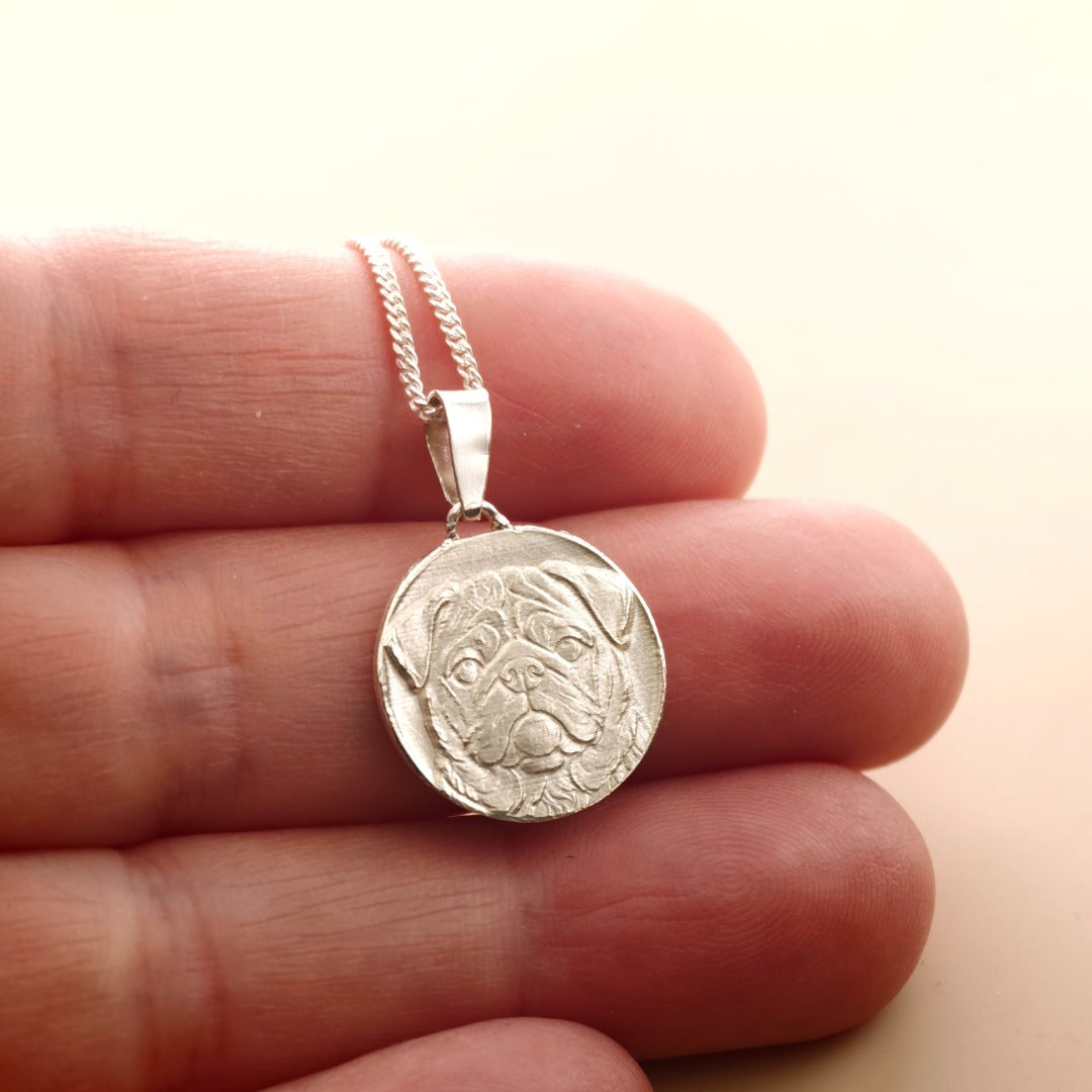 Pug Engraved Sterling Silver Coin Necklace