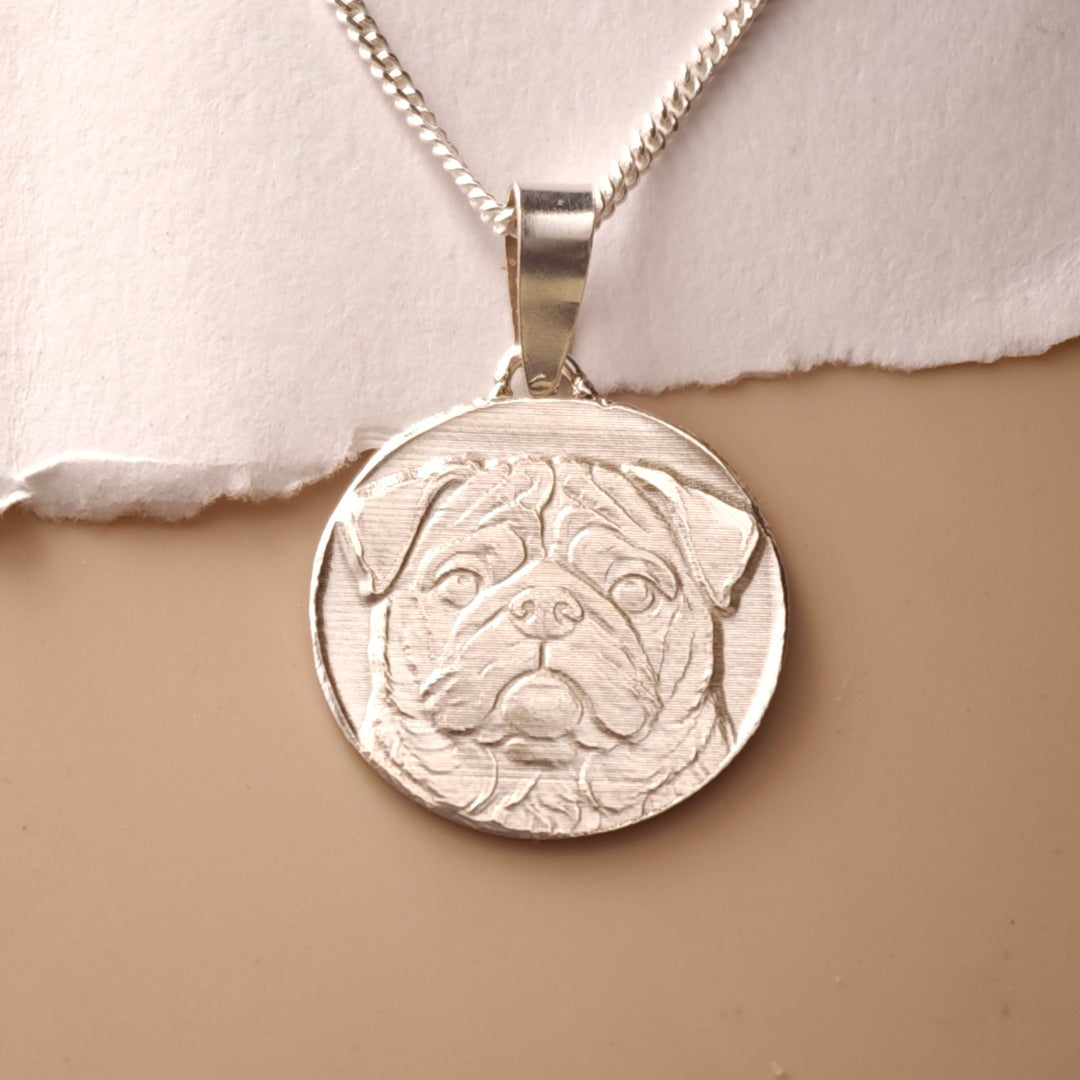 pug dog necklace sterling silver engraved pet lover gift designed in the UK