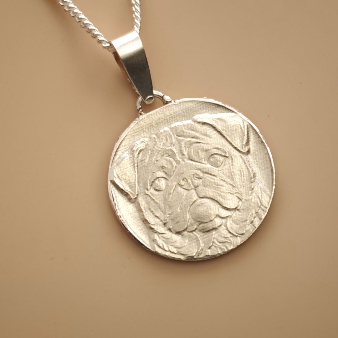 Pug Engraved Sterling Silver Coin Necklace