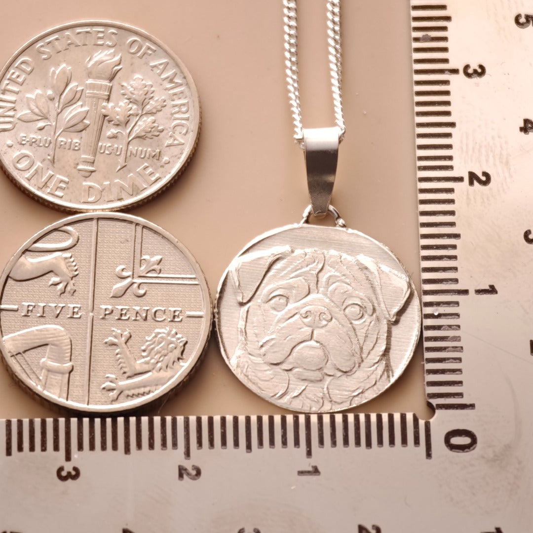 Pug Engraved Sterling Silver Coin Necklace