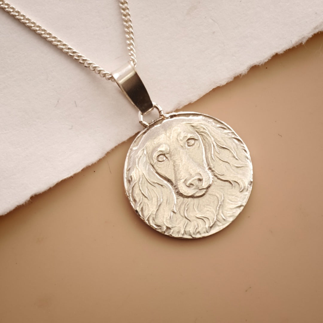 Dachshund Long Haired Engraved Sterling Silver Coin Necklace
