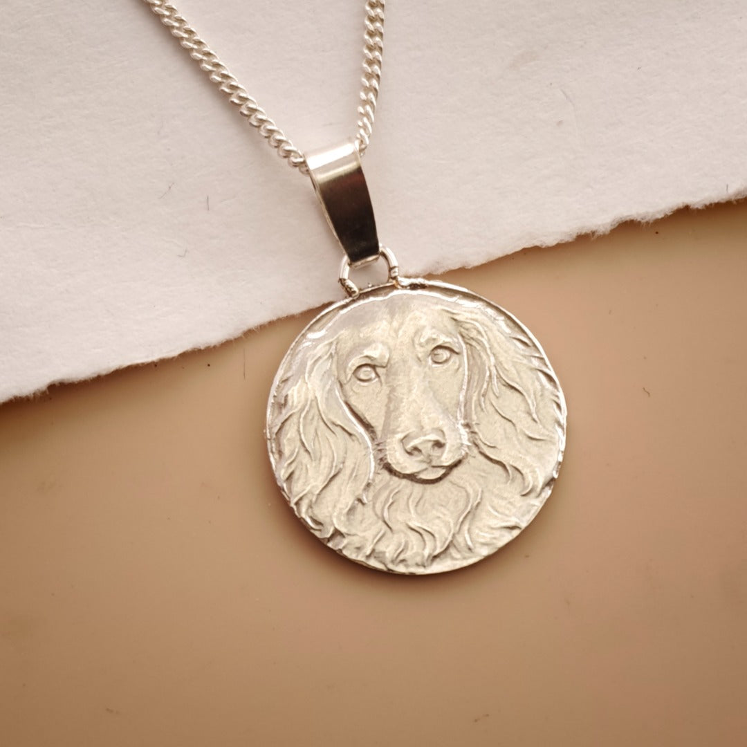 Dachshund Long Haired Engraved Sterling Silver Coin Necklace