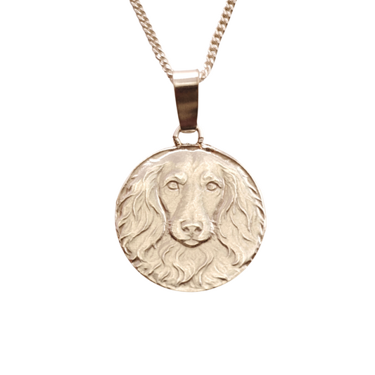 Dachshund Long Haired Engraved Sterling Silver Coin Necklace
