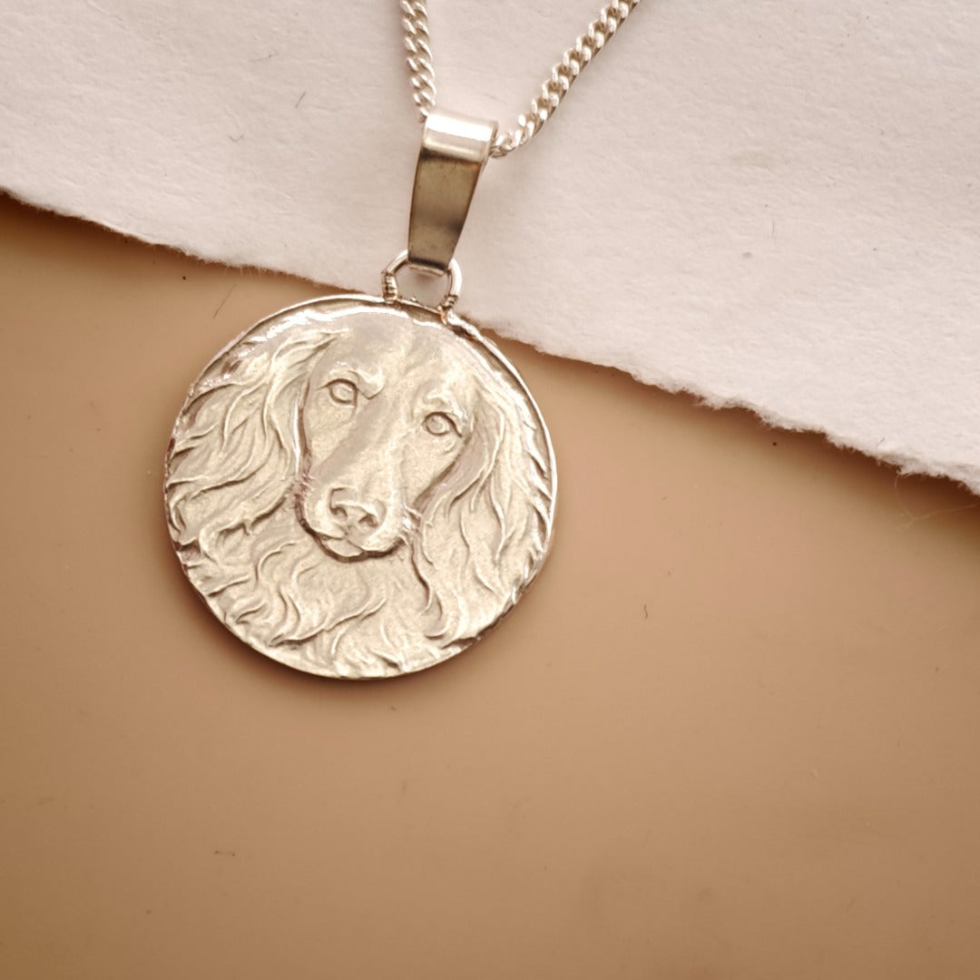 Dachshund Long Haired Engraved Sterling Silver Coin Necklace