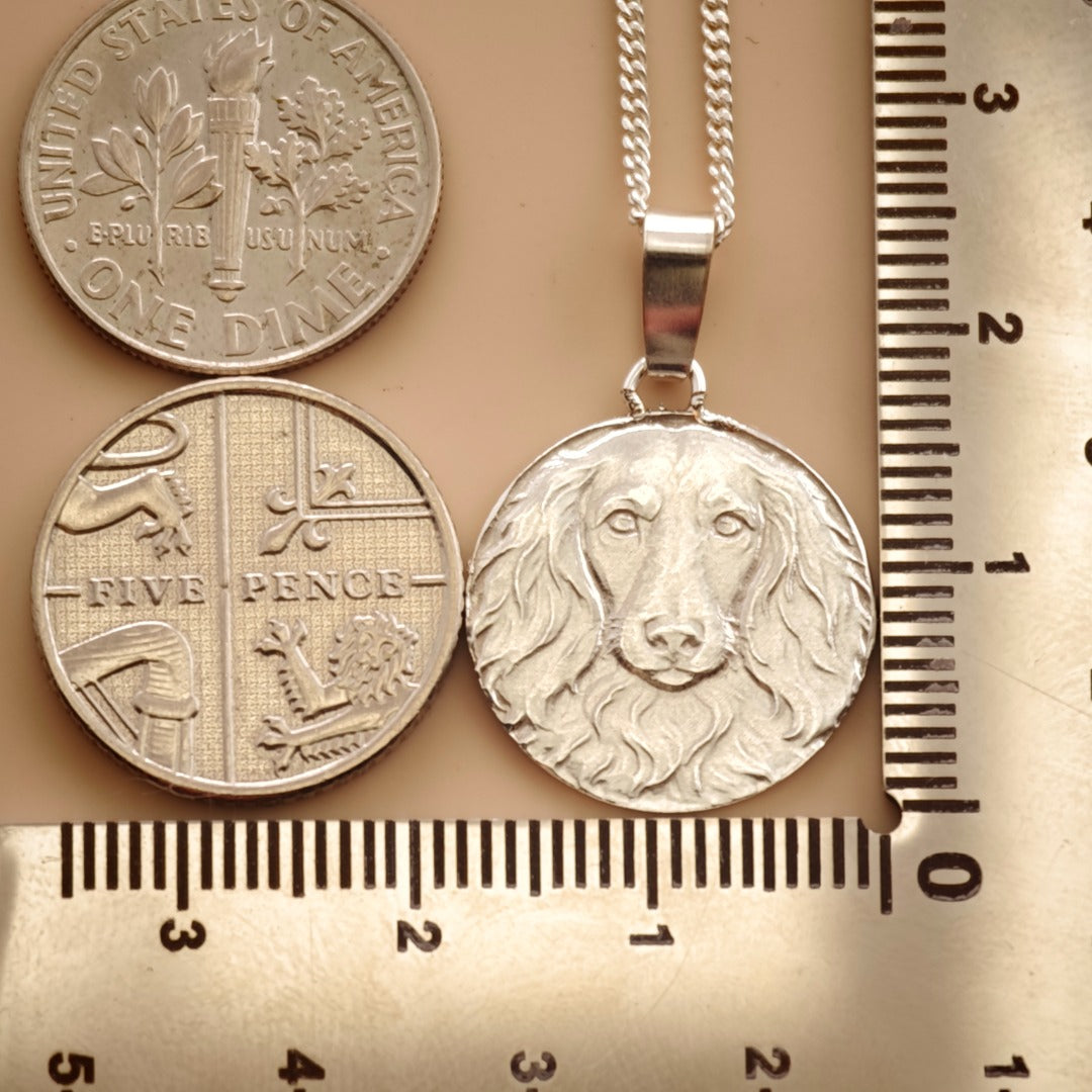 Dachshund Long Haired Engraved Sterling Silver Coin Necklace